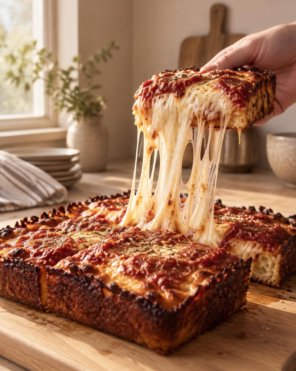 A square slice lifted away with a long cheese pull