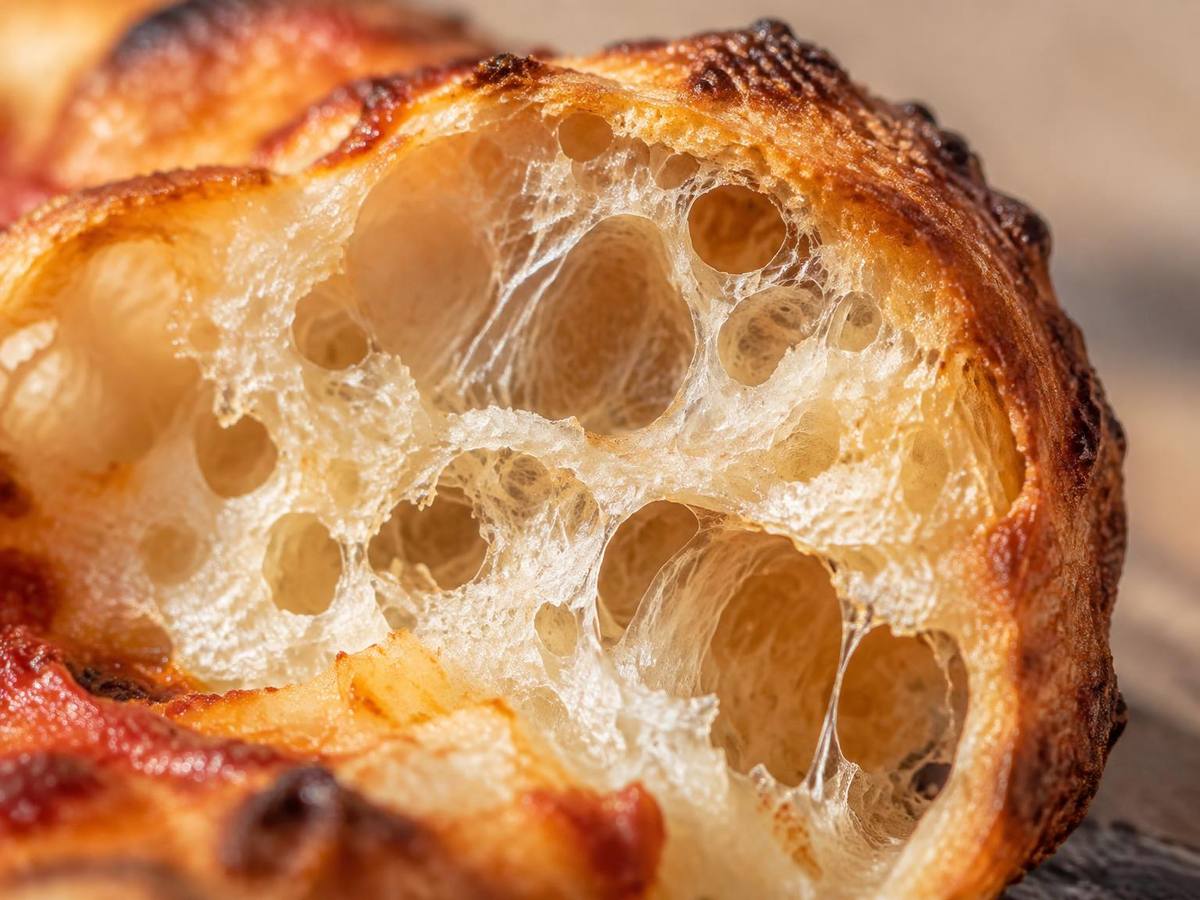 A torn edge of baked crust showing open air pockets from the wild yeast ferment