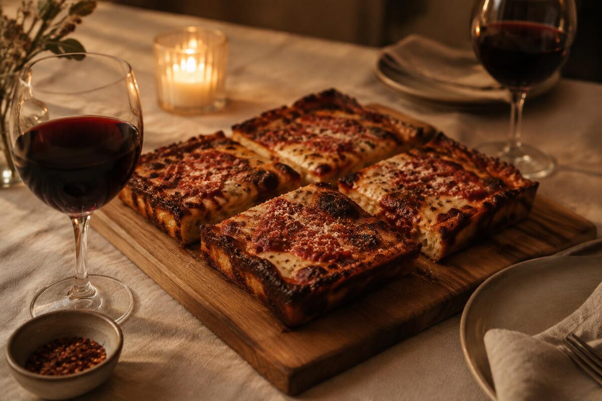 Pizza squares on a wooden board with two wine glasses and a candle on a linen tablecloth