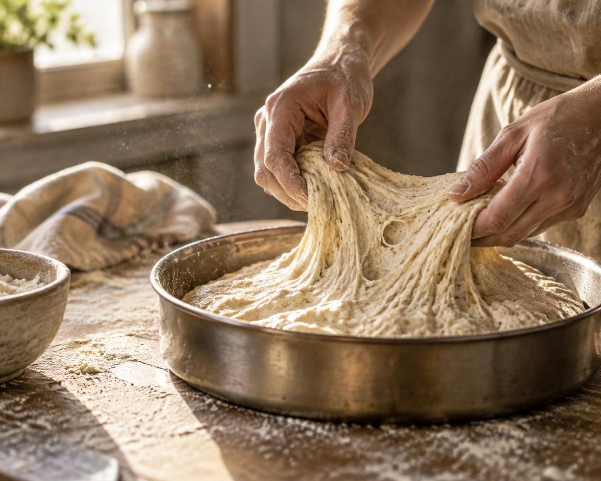 Hands folding soft fermented dough on a floured counter