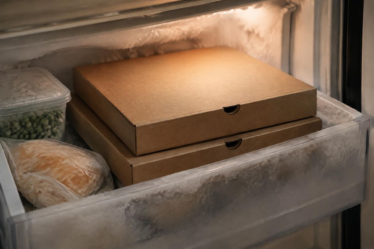 Two pizza boxes stacked in a home freezer drawer