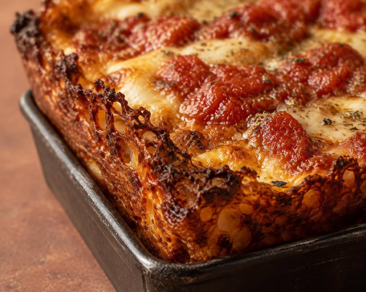 Close view of the dark caramelized cheese edge along the crust
