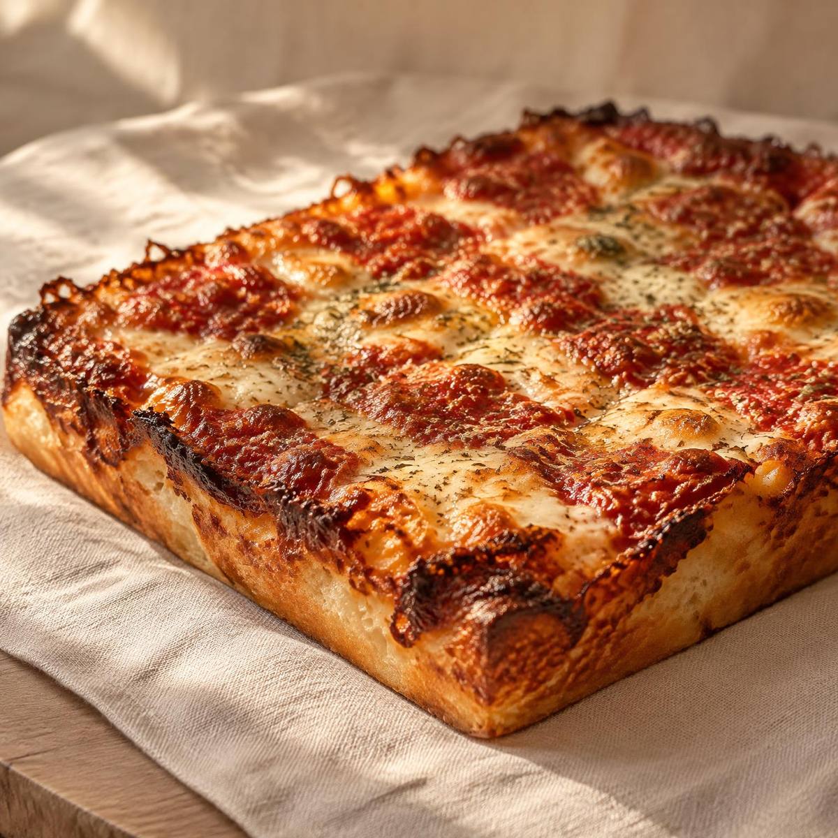 The Air pizza with a deeply caramelized cheese edge and crisp golden base