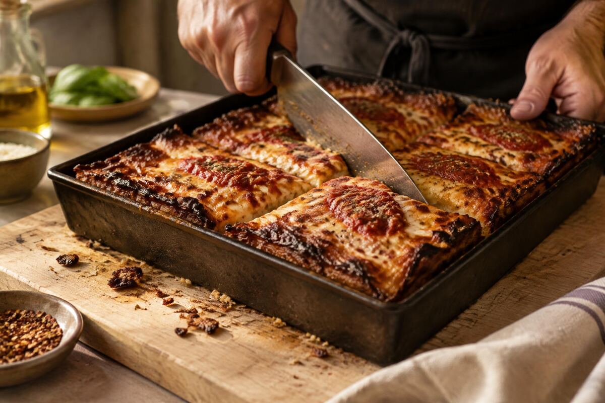 A knife cutting a whole pie into squares in its pan
