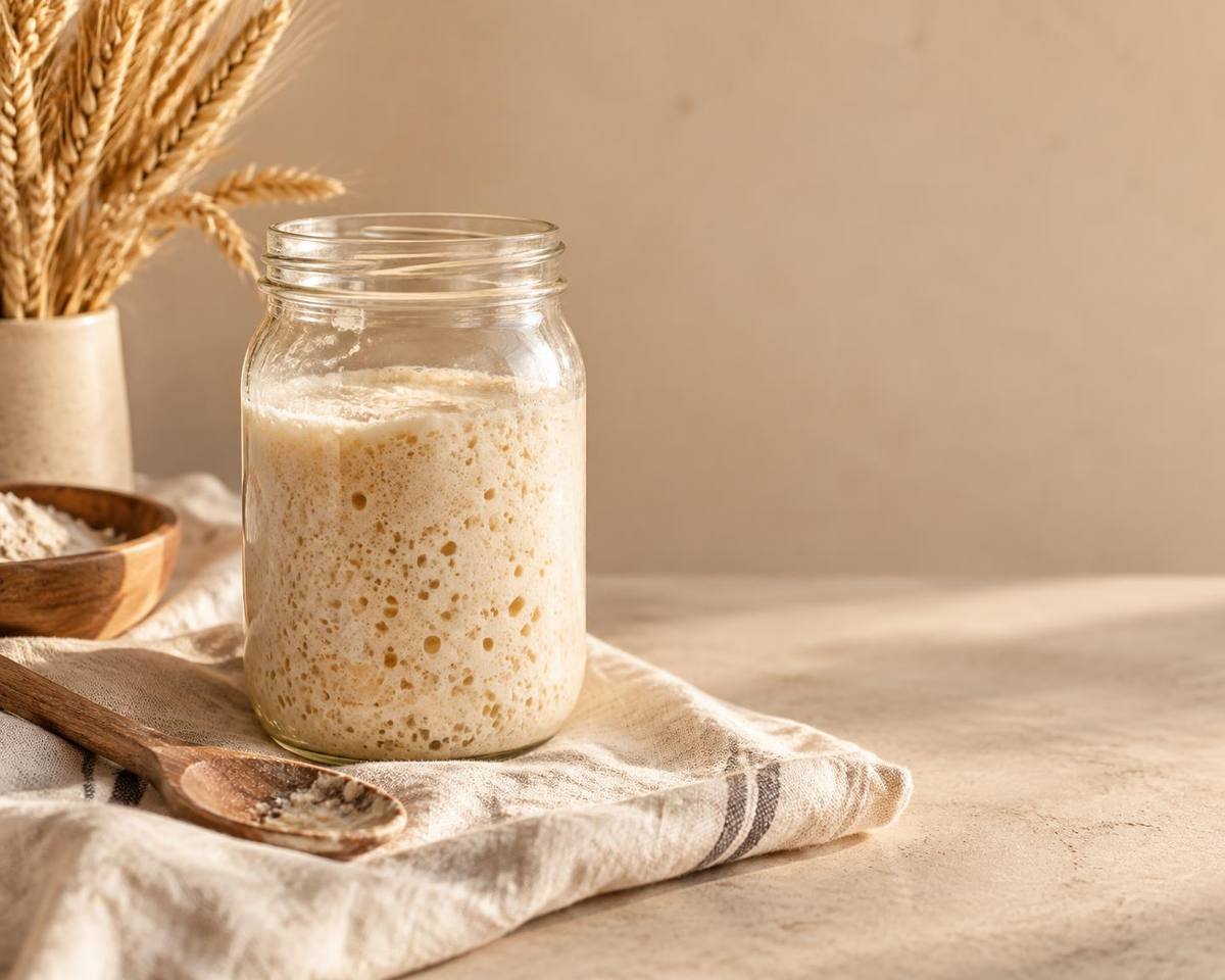 Bubbling wild yeast starter in a glass jar